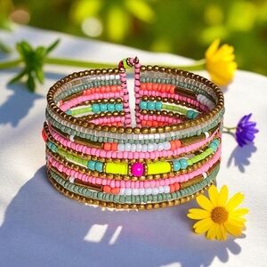 Indian Beaded Cuff Bracelet Wide Bangle Multicolor Seed Bead Boho Hippie Jewelry